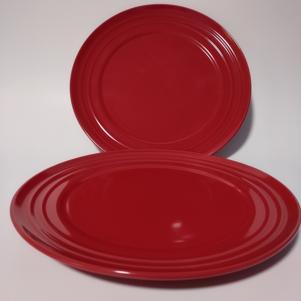 Rachael Ray Double Ridge Dinner Plates Set of 2 Stoneware Crimson Red 11"